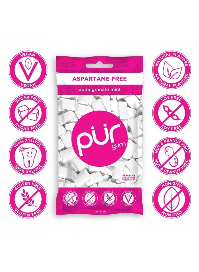 PUR 100% Xylitol Chewing Gum, Sugarless Pomegranate Mint, Sugar Free + Aspartame Free + Gluten Free, Vegan & Keto Friendly - Low Carb, Simply Pure Natural Fruit Flavored Gum, 55 Pieces (Pack of 6)