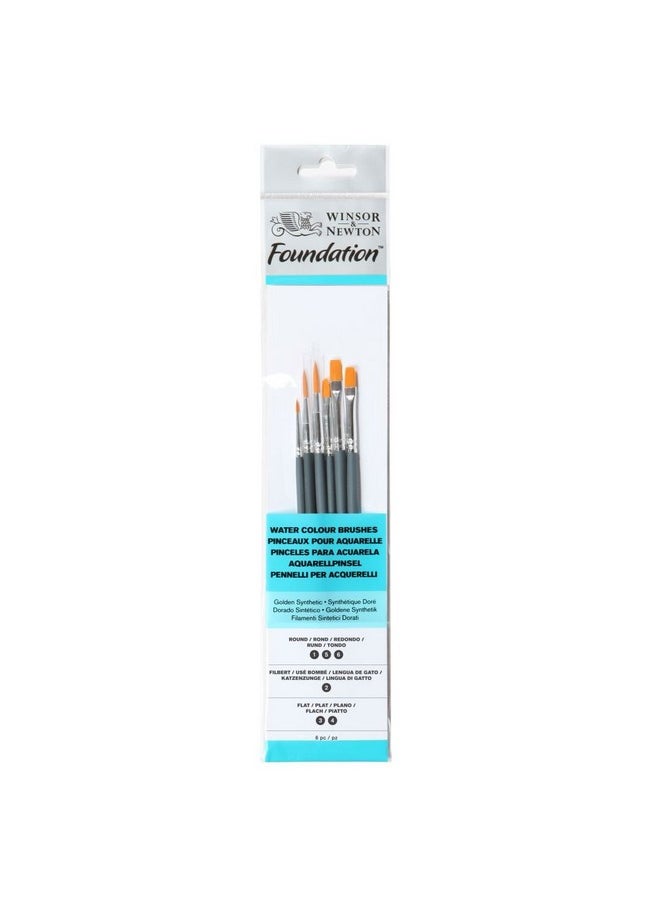 Foundation Brush Set Of 6 For Watercolours - Golden Synthetic - Round (1,5,6), Filbert (2), Flat (3,4) - Short Handle