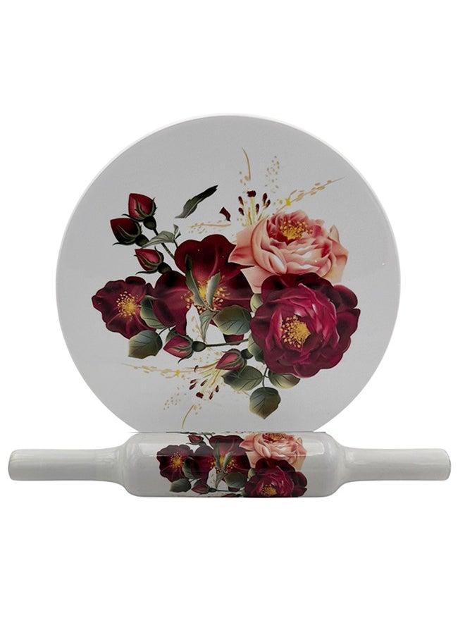 Majestic Chakla Belan - Heavy Marble Rolling Board with Lightweight Wooden Rolling Pin – 25 cm Marble Board & 30.5 cm Wooden Pin – Beautiful & Elegant Floral Designs, Premium Quality for Baking and Cooking