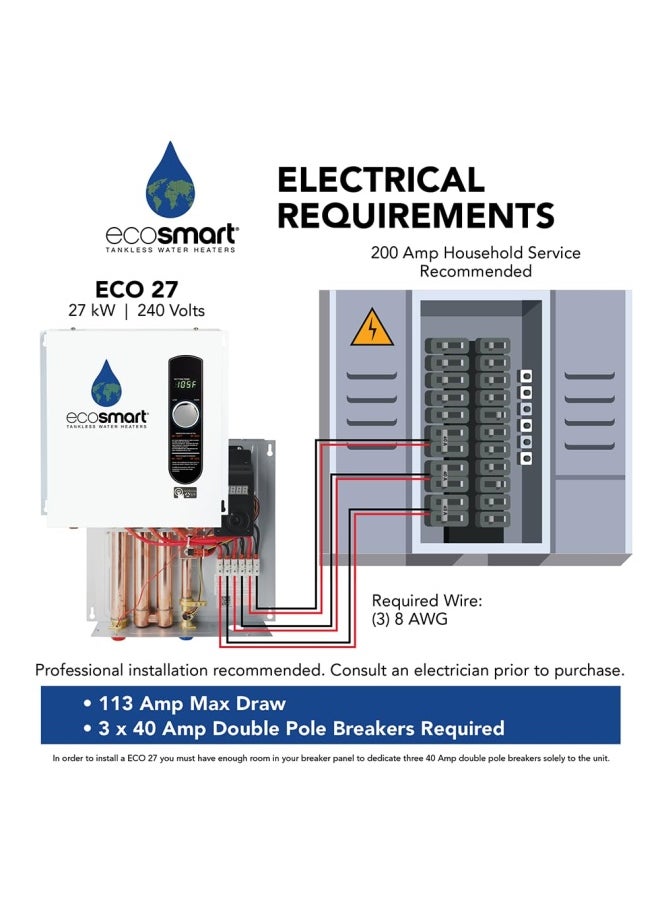 Ecosmart Eco Electric Tankless Water Heater 27 Kw At 240 Volts 1125 Amps With Patented Self Modulating Technology White