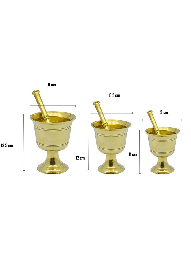 Majestic Brass Hawan Dasta Mortar and Pestle Set of 3 – Plain Design, Dia 9 cm, 10.5 cm, 11 cm & Height 11 cm, 12 cm, 13.5 cm – Durable Handcrafted Design for Grinding Spices, Herbs, Spiritual Rituals, and Kitchen Use