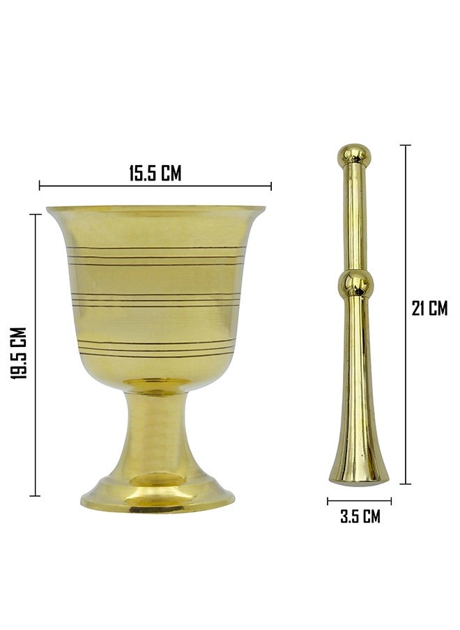 Majestic Brass Hawan Dasta Mortar and Pestle – Medium Size, Dia 15.5 cm, Height 19.5 cm, Pestle Length 21 cm – Handcrafted Durable Design for Grinding Spices, Herbs, Spiritual Rituals, and Kitchen Use