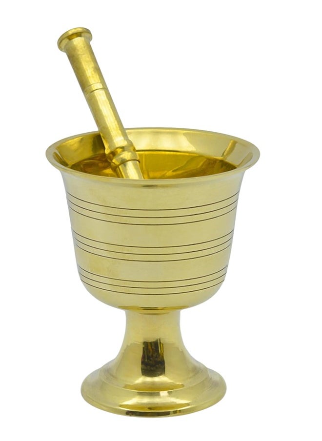 Majestic Brass Hawan Dasta Mortar and Pestle – Medium Size, Dia 15.5 cm, Height 19.5 cm, Pestle Length 21 cm – Handcrafted Durable Design for Grinding Spices, Herbs, Spiritual Rituals, and Kitchen Use