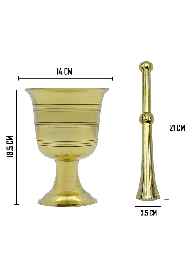 Majestic Brass Hawan Dasta Mortar and Pestle – Small Size, Dia 14 cm, Height 18.5 cm, Pestle Length 21 cm – Handcrafted Durable Design for Grinding Spices, Herbs, Spiritual Rituals, and Kitchen Use