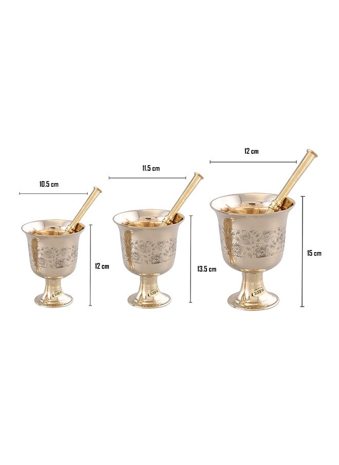 Majestic Brass Hawan Dasta Mortar and Pestle Set of 3 with Laser Design – Dia 10.5 cm, 11.5 cm, 12.5 cm & Height 12 cm, 13.5 cm, 15 cm – Handcrafted Durable Design for Grinding Spices, Herbs, Spiritual Rituals, and Kitchen Use