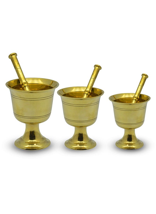Majestic Brass Hawan Dasta Mortar and Pestle Set of 3 – Dia 10.5 cm, 11.5 cm, 12.5 cm & Height 12 cm, 13.5 cm, 15 cm – Durable Handcrafted Design for Grinding Spices, Herbs, Spiritual Rituals, and Kitchen Use