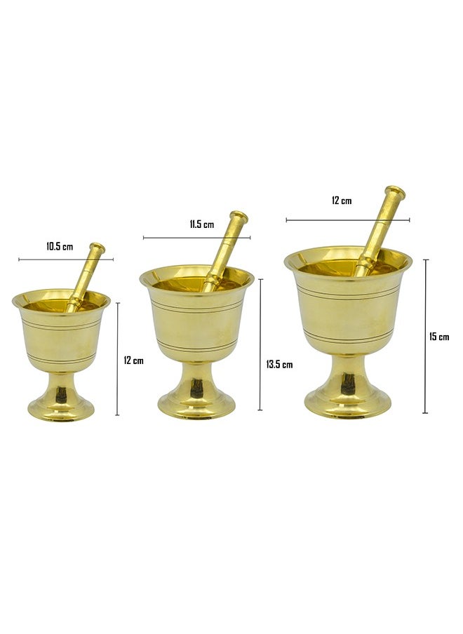 Majestic Brass Hawan Dasta Mortar and Pestle Set of 3 – Dia 10.5 cm, 11.5 cm, 12.5 cm & Height 12 cm, 13.5 cm, 15 cm – Durable Handcrafted Design for Grinding Spices, Herbs, Spiritual Rituals, and Kitchen Use