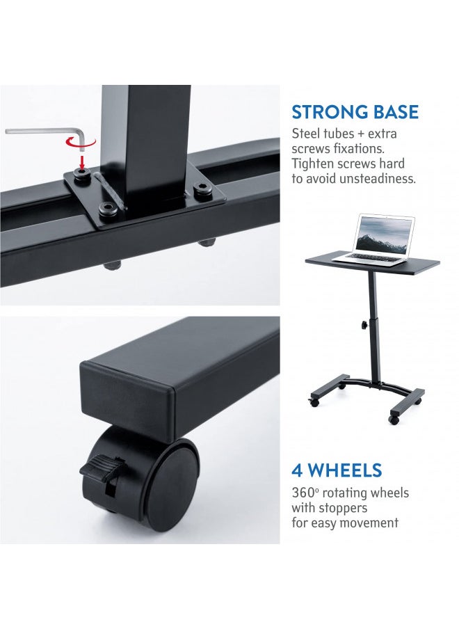 Tatkraft Dream Portable Laptop Desk Cart with Height Adjustable Flat Top (23.6x15.7''), Wheels and Stoppers, Black