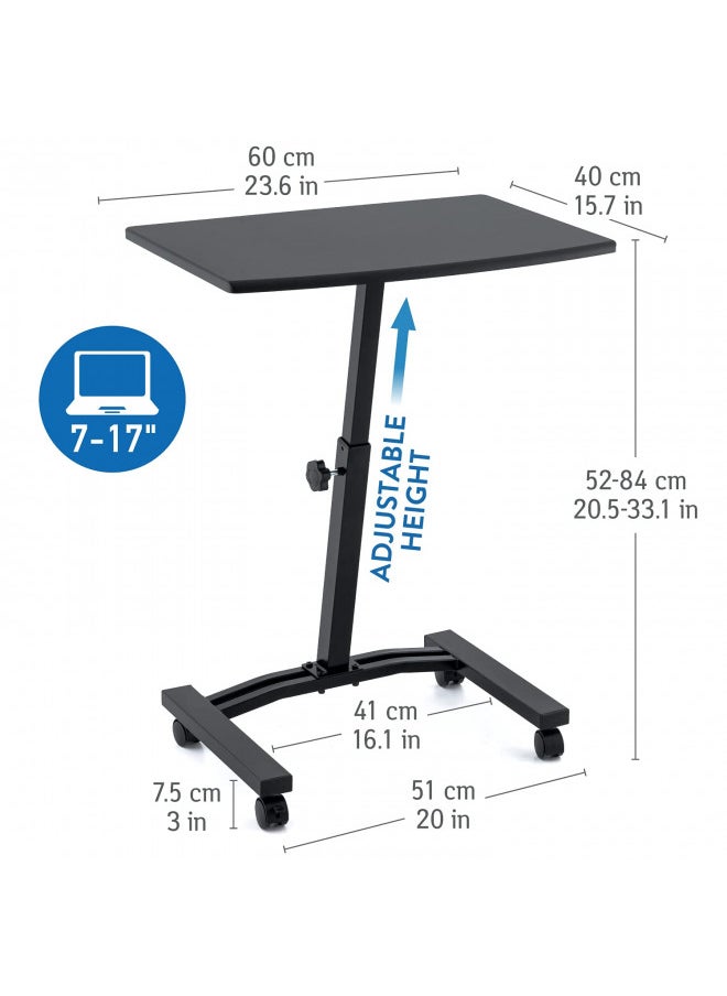 Tatkraft Dream Portable Laptop Desk Cart with Height Adjustable Flat Top (23.6x15.7''), Wheels and Stoppers, Black