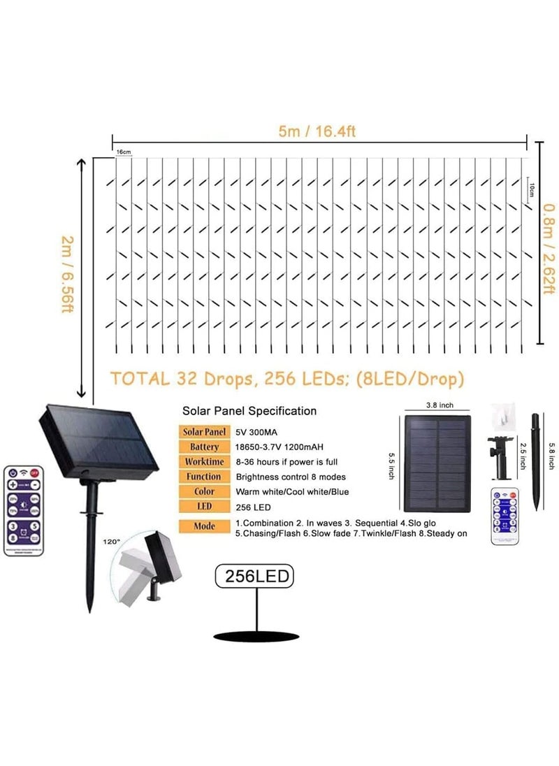 Solar Icicle String Light Christmas Outdoor Decorations 16FT 256 LED 8 Mode Remote Curtain Light Solar Power Christmas Fairy Light for Christmas Halloween Thanksgiving Garden Party Wedding