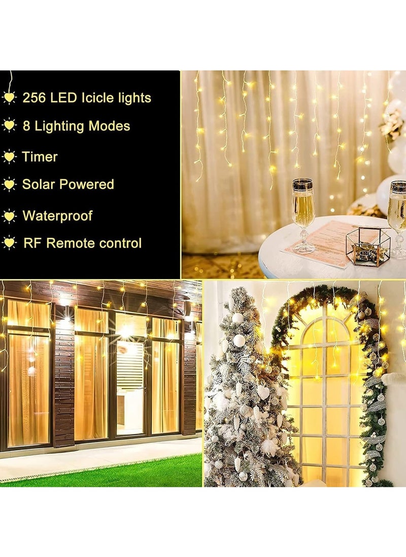 Solar Icicle String Light Christmas Outdoor Decorations 16FT 256 LED 8 Mode Remote Curtain Light Solar Power Christmas Fairy Light for Christmas Halloween Thanksgiving Garden Party Wedding