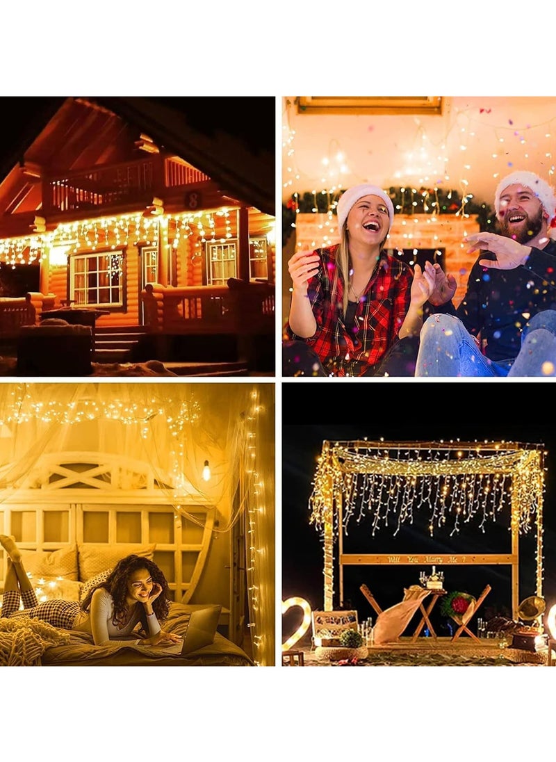 Solar Icicle String Light Christmas Outdoor Decorations 16FT 256 LED 8 Mode Remote Curtain Light Solar Power Christmas Fairy Light for Christmas Halloween Thanksgiving Garden Party Wedding