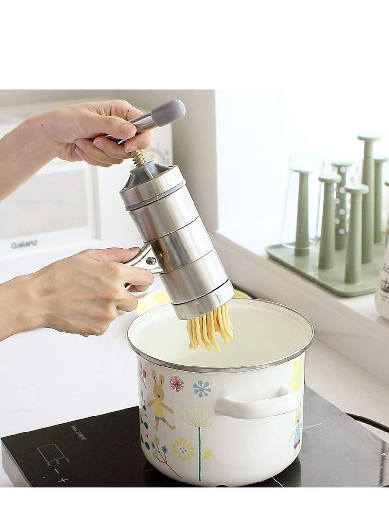 Manual Noodle Pasta Maker Spaghetti Kitchen Tool Stainless Steel Press Machine Press Machine Pasta Maker with 5 Noodle Mould Fruit Juicer Squeezer (18.5x14cm)