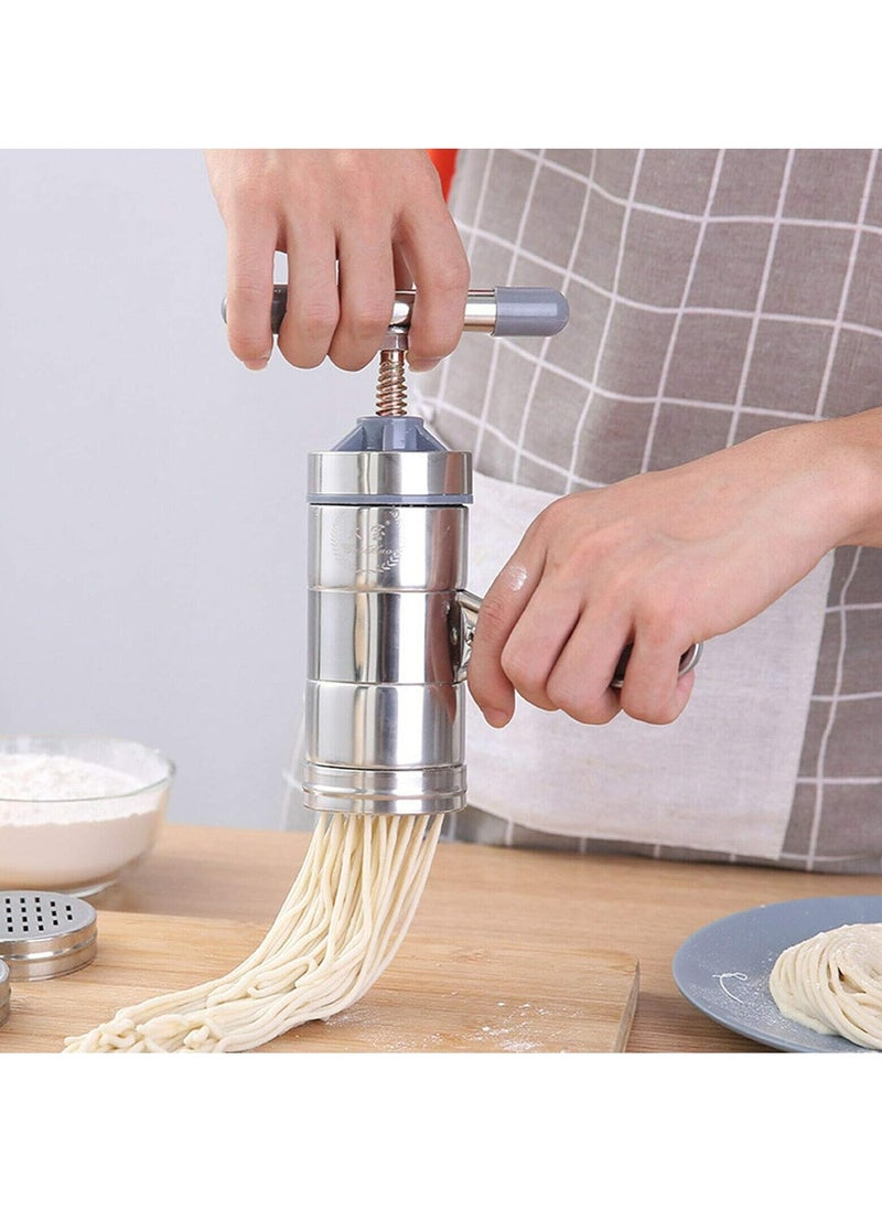 Manual Noodle Pasta Maker Spaghetti Kitchen Tool Stainless Steel Press Machine Press Machine Pasta Maker with 5 Noodle Mould Fruit Juicer Squeezer (18.5x14cm)