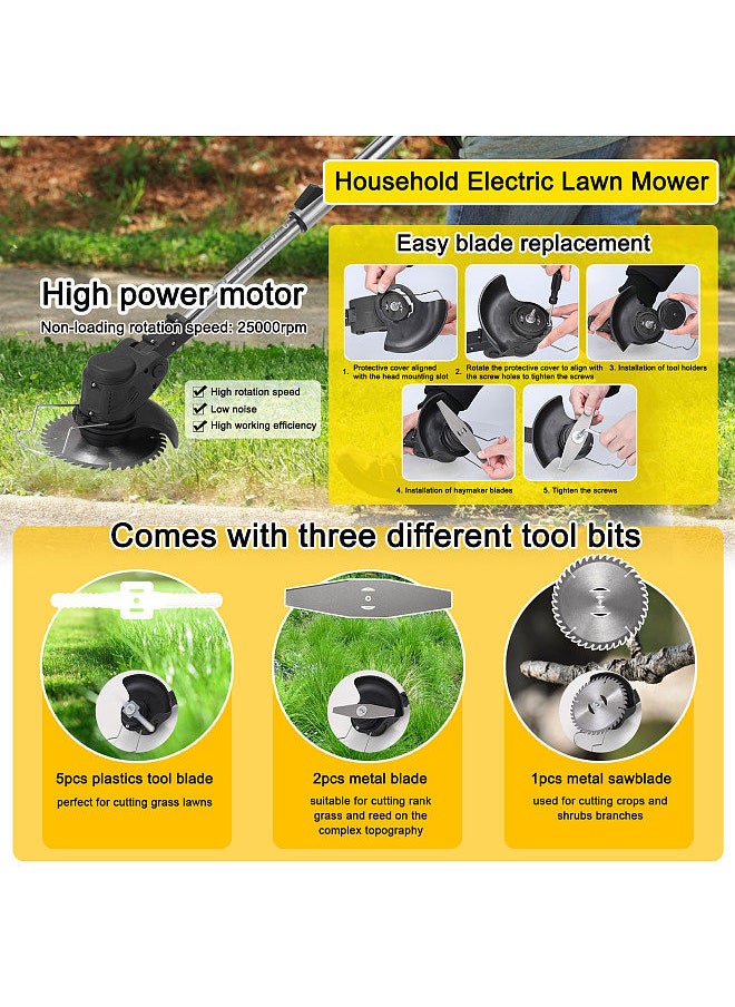 Household Electric Lawn Mower Portable Cordless Grass Trimmer Home Garden Pruning Machine 90° Folding 90° Adjustable Angle Trimming Device with Auxiliary Handle