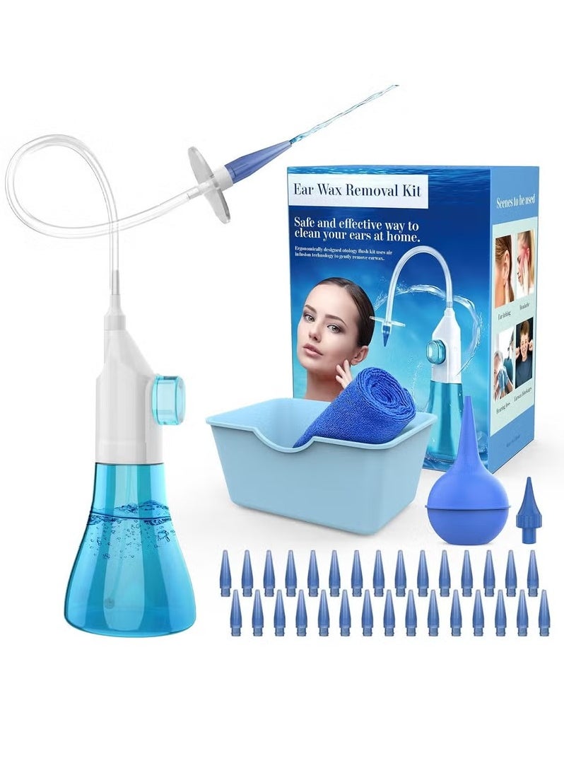 Ear Wax Removal, Manual Ear Irrigation Flushing System, Safe and Effective Ear Cleaner Ear Cleaning Kit for Adults & Kids, Ear Wax Removal kit, Includes Basin, Towel & 31 Tips