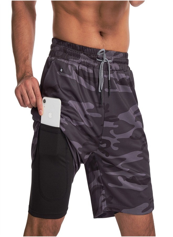 Men's 2-in-1 Casual Fitness Shorts Gray Camouflage