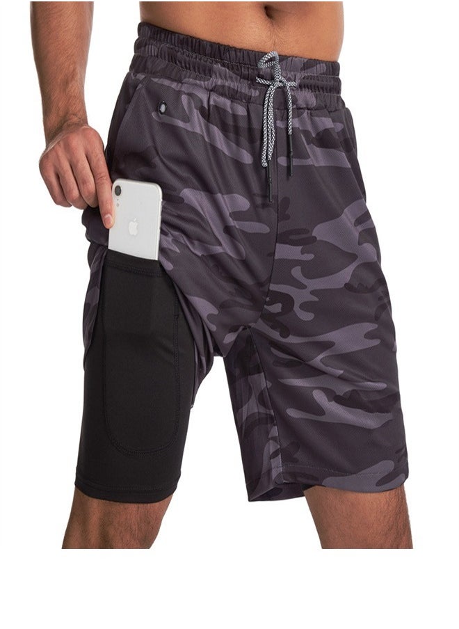 Men's 2-in-1 Casual Fitness Shorts Gray Camouflage