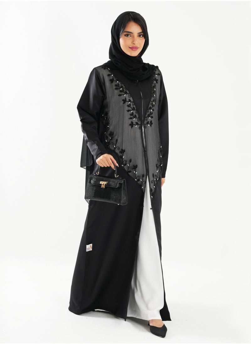 Elegant Open style abaya featuring elegant organza dantel accents