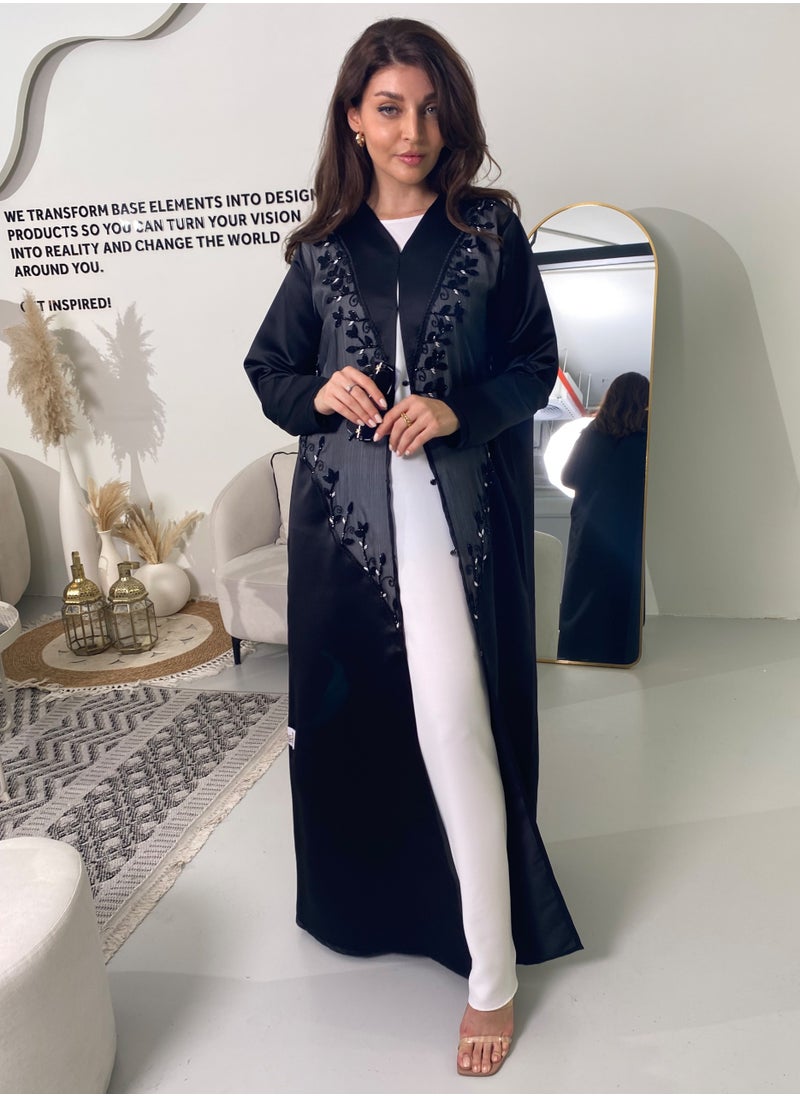 Elegant Open style abaya featuring elegant organza dantel accents