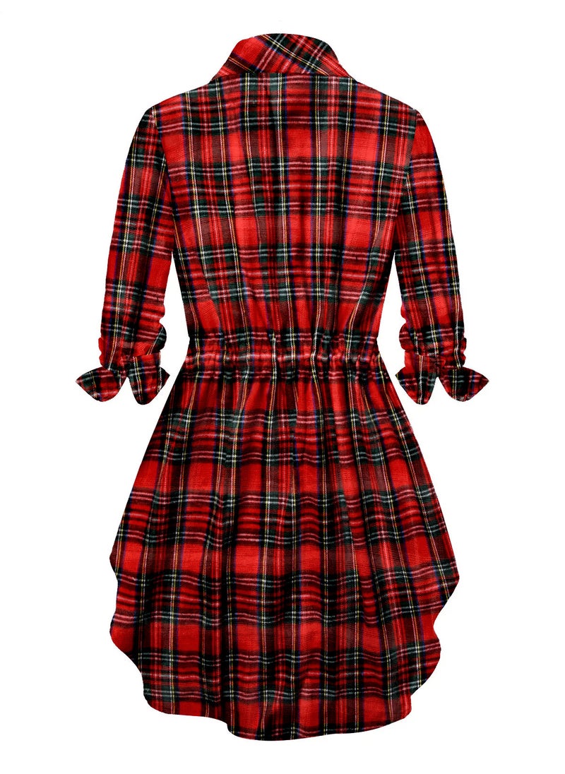 2021SHEINi cross-border Womens Mid-length shirt European and American womens plaid zipper waist womens long-sleeved shirt Red