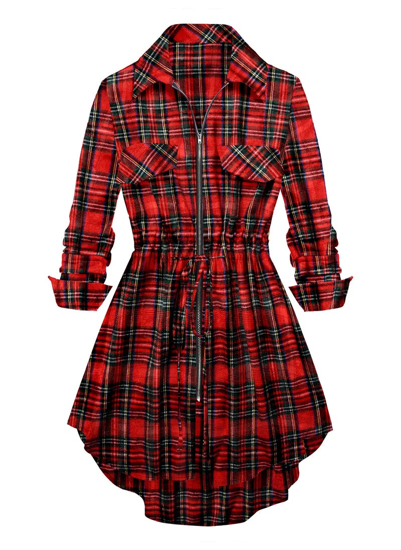 2021SHEINi cross-border Womens Mid-length shirt European and American womens plaid zipper waist womens long-sleeved shirt Red