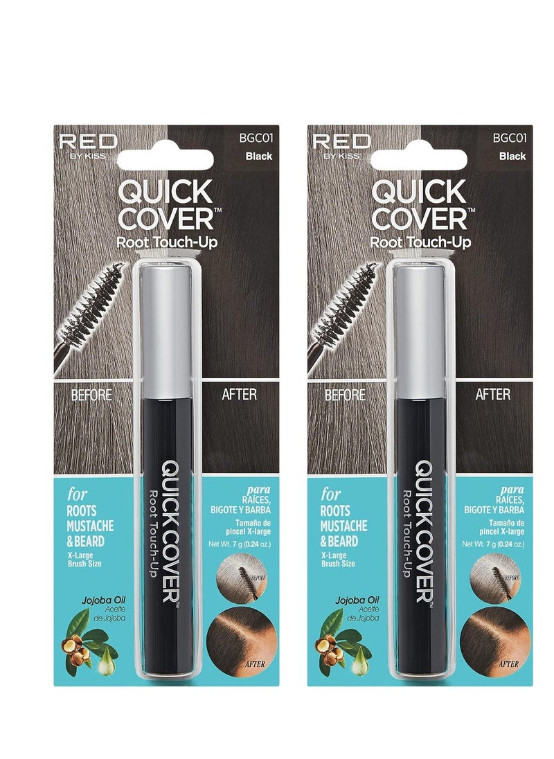 RED by Kiss Quick Cover Root Touch Up Rescue, Mascara Natural Water-Resistant Temporary Gray Concealer Cover Up Brush for Hair Mustache & Beard (Black) (2Pcs)