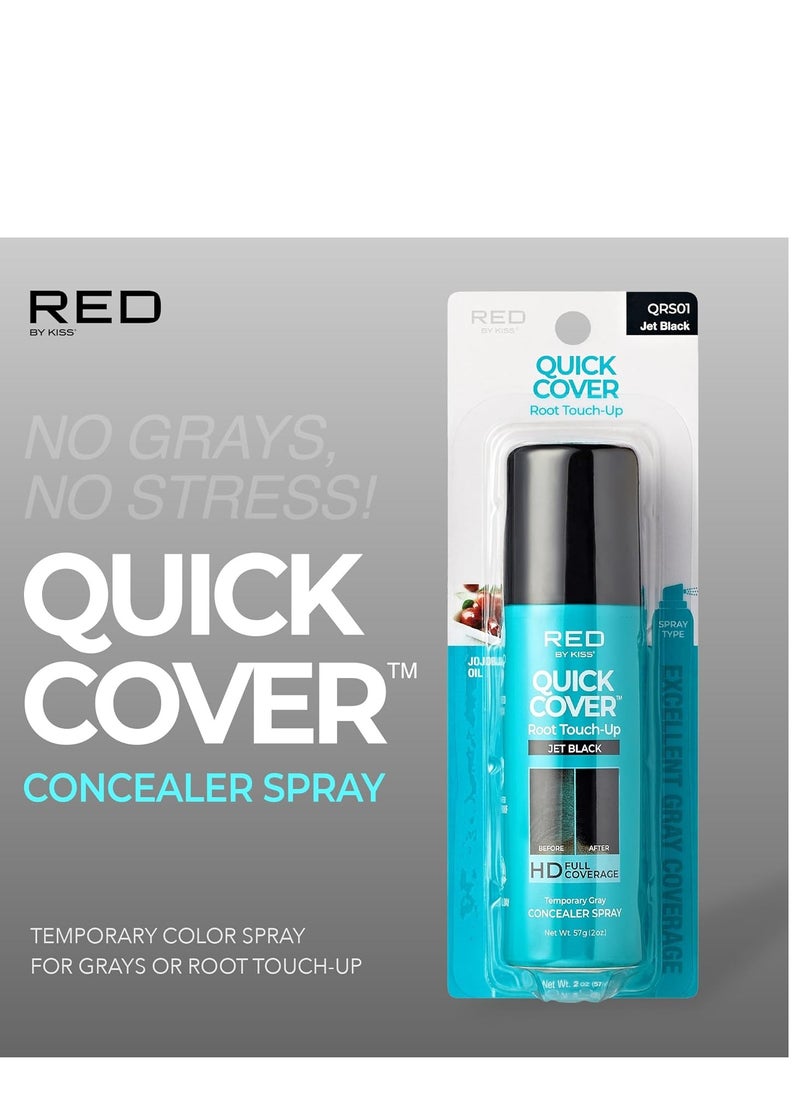 Red by Kiss Quick Cover Root Touch-Up Spray, Waterproof & Smudge-Proof Gray Coverage, Quick-Dry Formula with Jojoba Oil, Lightweight & Travel-Friendly (Jet Black, 2oz)