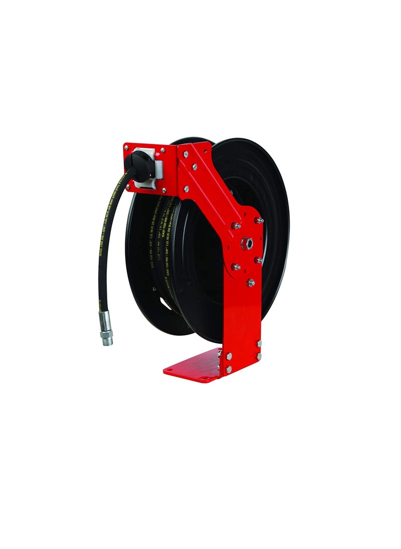 3/8-inch NPT x 50-Feet Single Arm Retractable Air/Water Hose Reel | 300 PSI Max Pressure | Cassetted Spring Design | Ratchet Style | Multiple Position Guide Arm (47921)