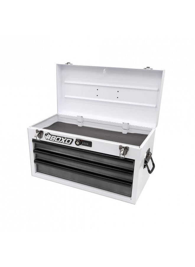 Boxo USA Hand Carry Tool Box 3-Drawer Heavy Duty Steel Toolbox with Lock System (White)