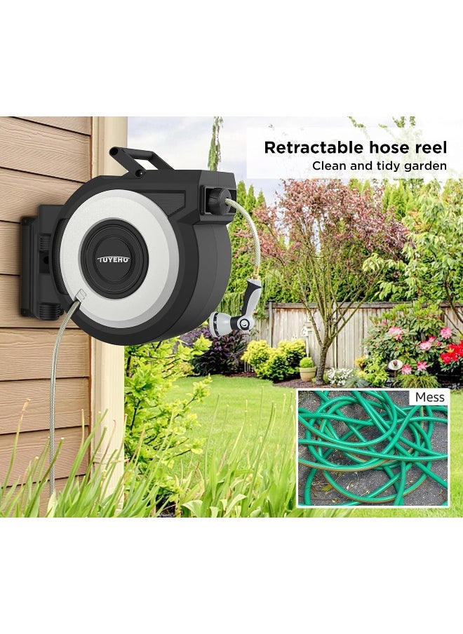 Tuyeho  Retractable Garden Hose Reel 130 Ft, Wall Mount Heavy Duty Water Hose Reels With Automatic Slow Rewind System, Outdoor Hoses Reel With 3 Hose Nozzles For Garden Watering, Car Wash, Pet Shower