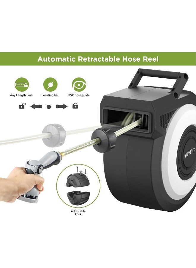 Tuyeho  Retractable Garden Hose Reel 130 Ft, Wall Mount Heavy Duty Water Hose Reels With Automatic Slow Rewind System, Outdoor Hoses Reel With 3 Hose Nozzles For Garden Watering, Car Wash, Pet Shower