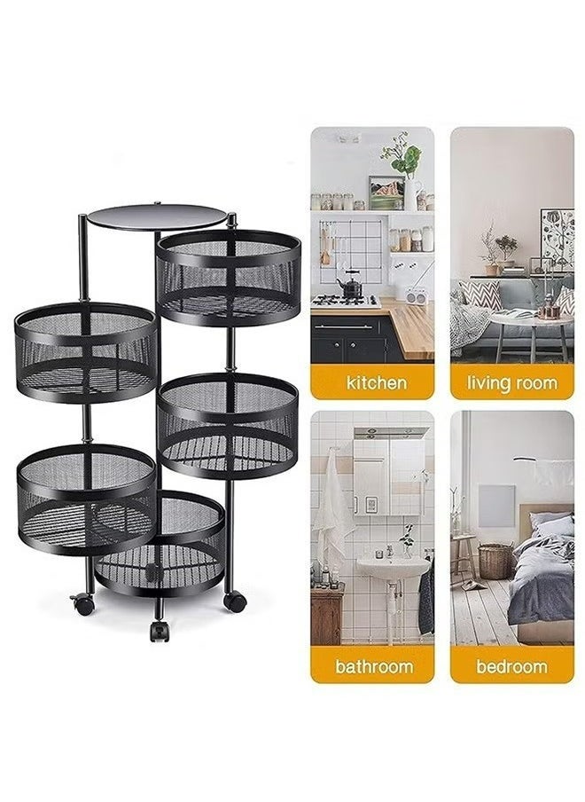 5-Layer Round Storage Rack,Kitchen Bathroom Living Room Floor-Standing Multi-Layer Storage Rack With Wheels,Black