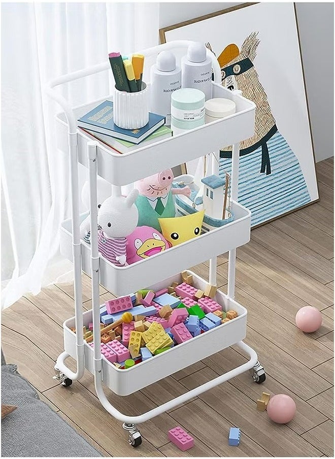 3-Layer Practical Rolling Storage Cart With 2 Lockable Wheels, Household Trolley Rack, Kitchen Bathroom Storage Rack, White