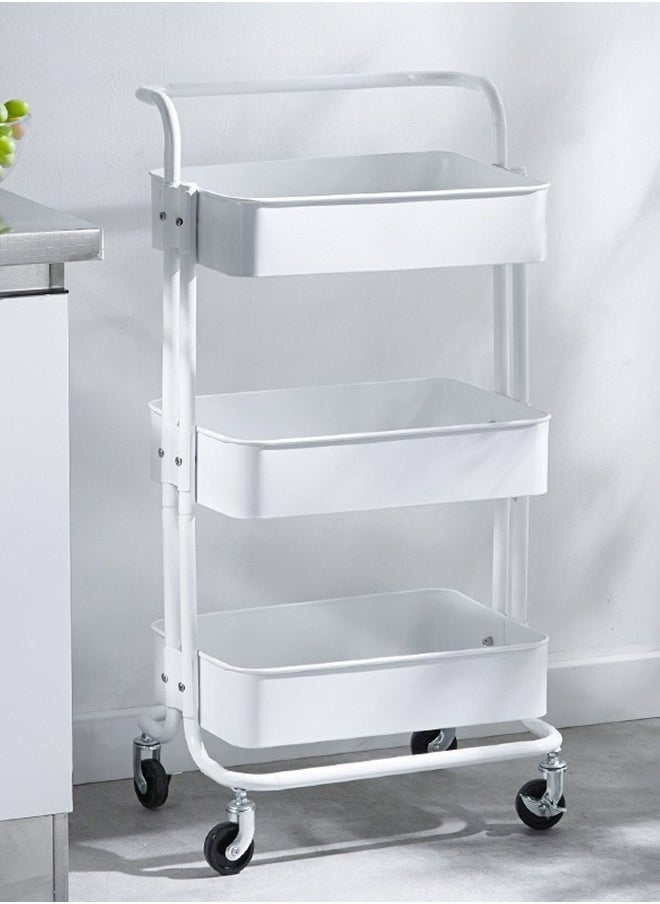 3-Layer Practical Rolling Storage Cart With 2 Lockable Wheels, Household Trolley Rack, Kitchen Bathroom Storage Rack, White