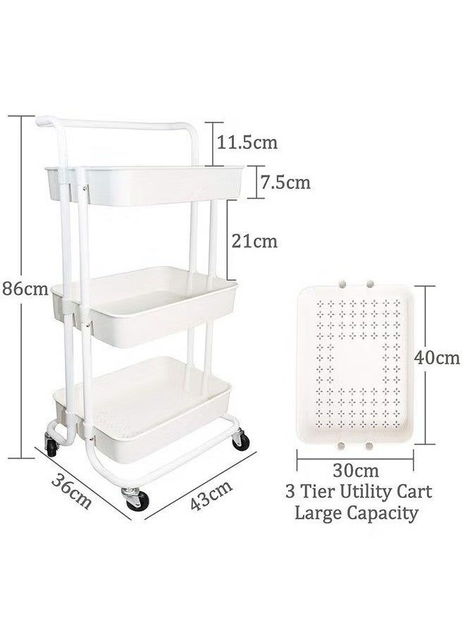 3-Layer Practical Rolling Storage Cart With 2 Lockable Wheels, Household Trolley Rack, Kitchen Bathroom Storage Rack, White