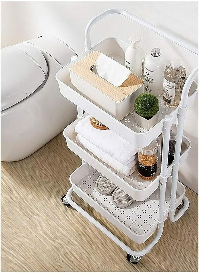 3-Layer Practical Rolling Storage Cart With 2 Lockable Wheels, Household Trolley Rack, Kitchen Bathroom Storage Rack, White