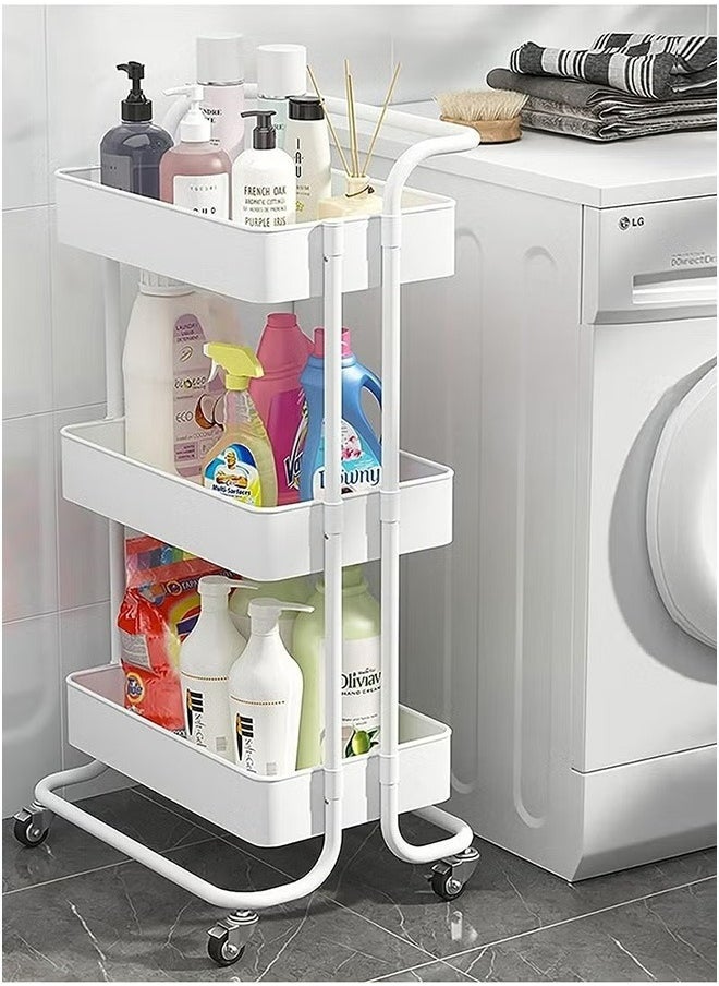 3-Layer Practical Rolling Storage Cart With 2 Lockable Wheels, Household Trolley Rack, Kitchen Bathroom Storage Rack, White