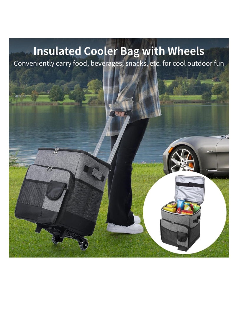 Rolling Cooler Bag Foldable Insulated Ice Bag with Wheels for Camping Travel Portable Trolley Picnic Bag Large Food Storage Bag Collapsible Grocery Shopping Cart Leakproof Beverage Thermal Bag