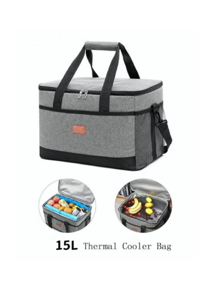 Outdoor 15L Cooler Bag Insulated Handbag Picnic bag Reusable Waterproof Oxford Ice Refrigerated Lightweight Fresh-keeping for Men Women Picnic/BBQ/Beach/Lunch Grey