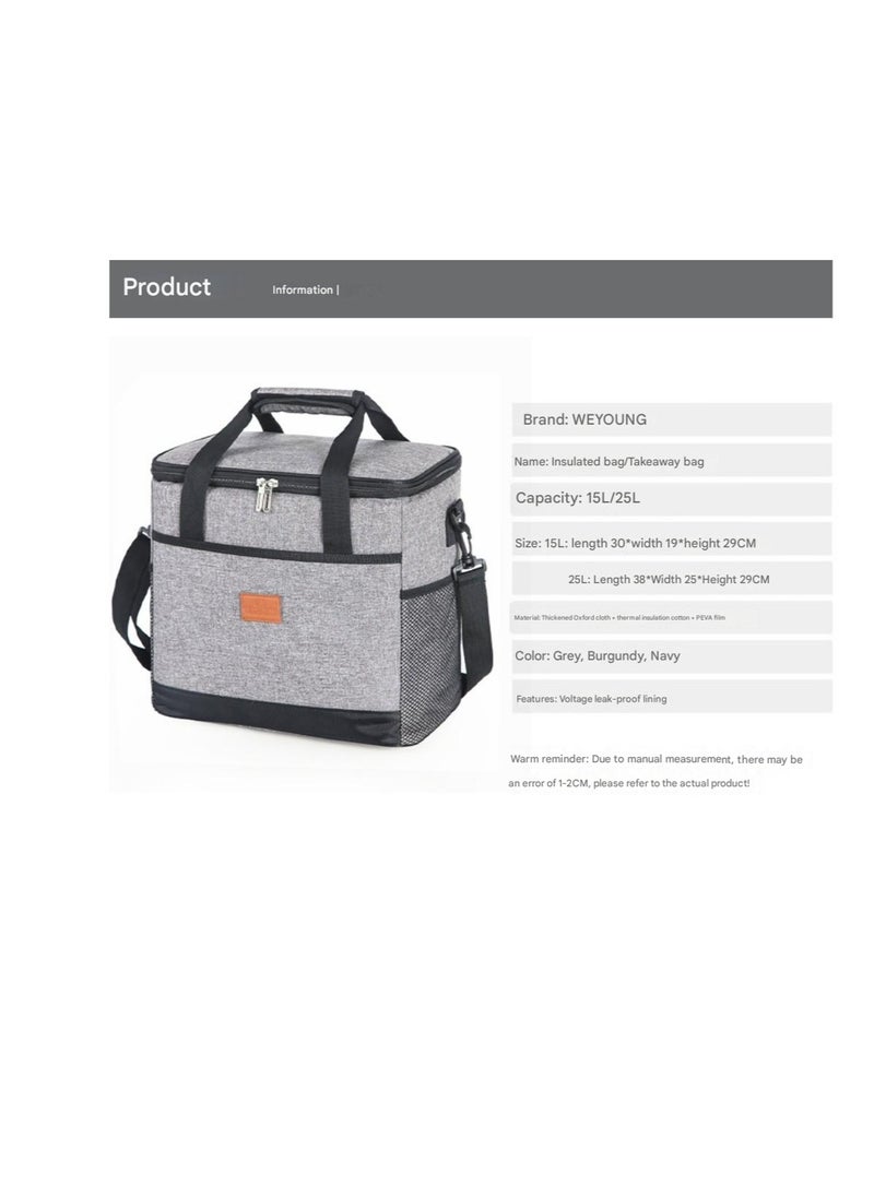 Outdoor 25L Cooler Bag Insulated Handbag Picnic bag Reusable Waterproof Oxford Ice Refrigerated Lightweight Fresh-keeping for Men Women Picnic/BBQ/Beach/Lunch Grey