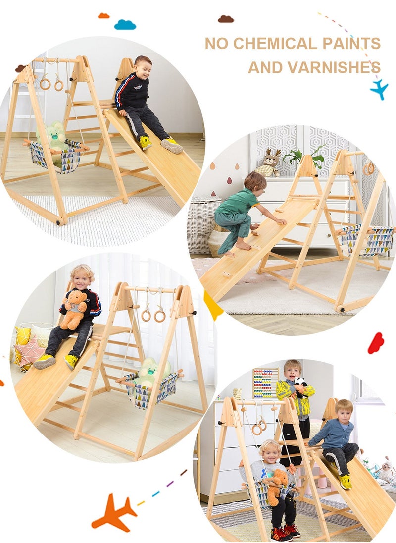 7 in 1 Folding Climbing Toy Set for Indoor and Outdoor Playgrounds with Climbing Frame Colorful Swing Triangle Climbing Ramp Gym Rings Wooden Material