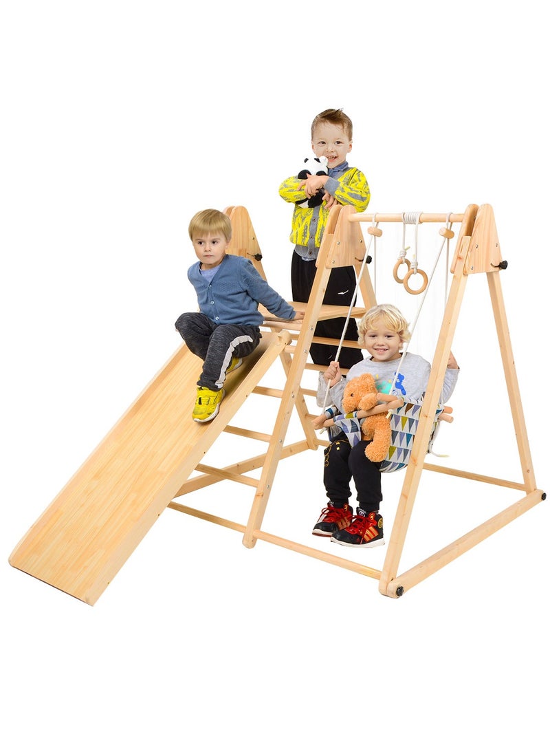 7 in 1 Folding Climbing Toy Set for Indoor and Outdoor Playgrounds with Climbing Frame Colorful Swing Triangle Climbing Ramp Gym Rings Wooden Material