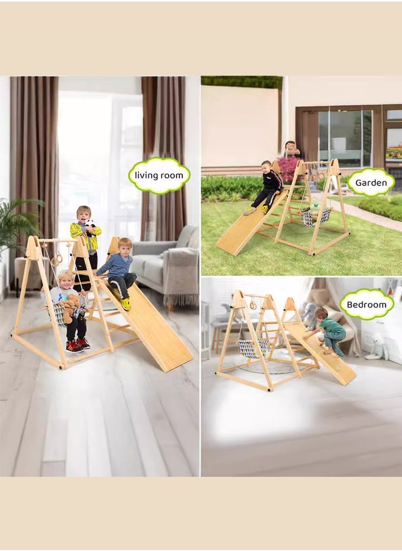 7 in 1 Folding Climbing Toy Set for Indoor and Outdoor Playgrounds with Climbing Frame Colorful Swing Triangle Climbing Ramp Gym Rings Wooden Material