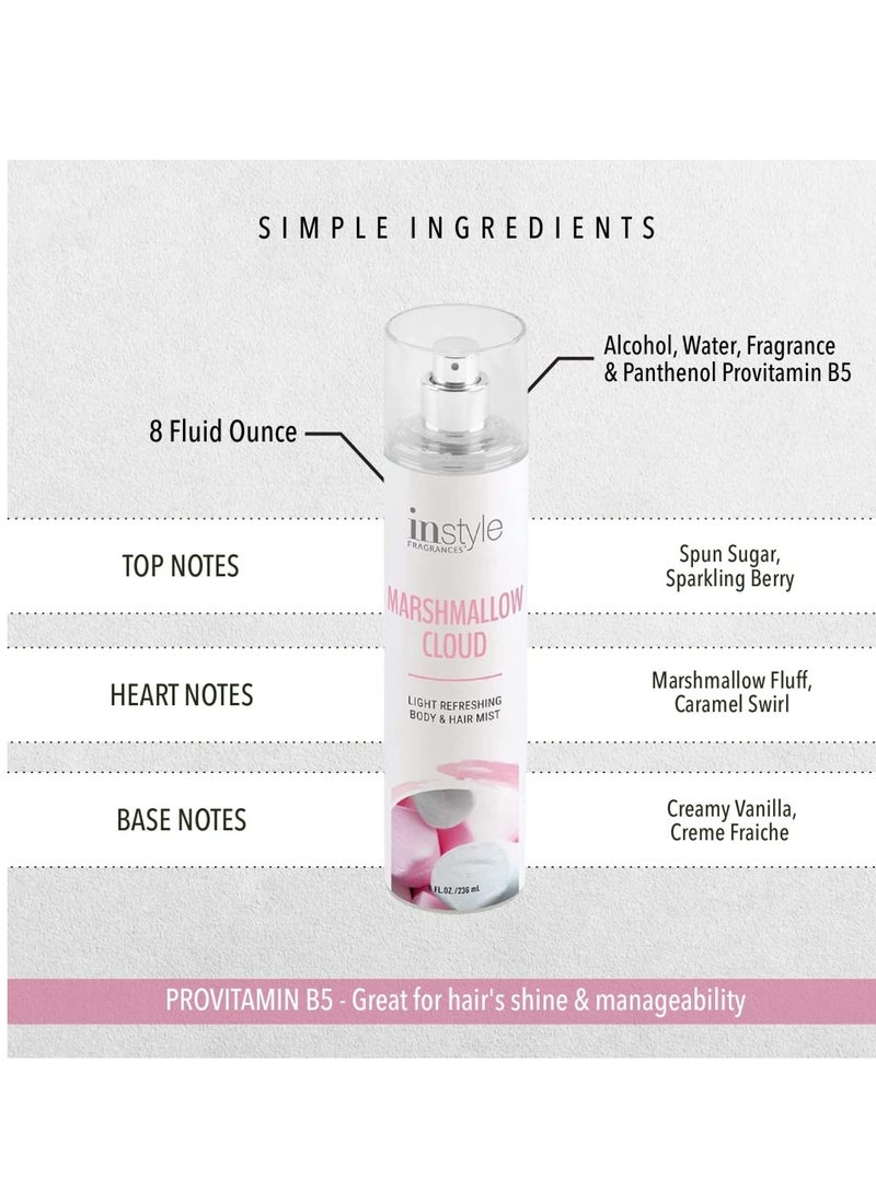 Instyle Fragrances | Body & Hair Mist | Marshmallow Cloud Scent | With Panthenol | CLEAN, Vegan, Paraben Free, Phthalate Free | Premium 8 Fl Oz Spray Bottle