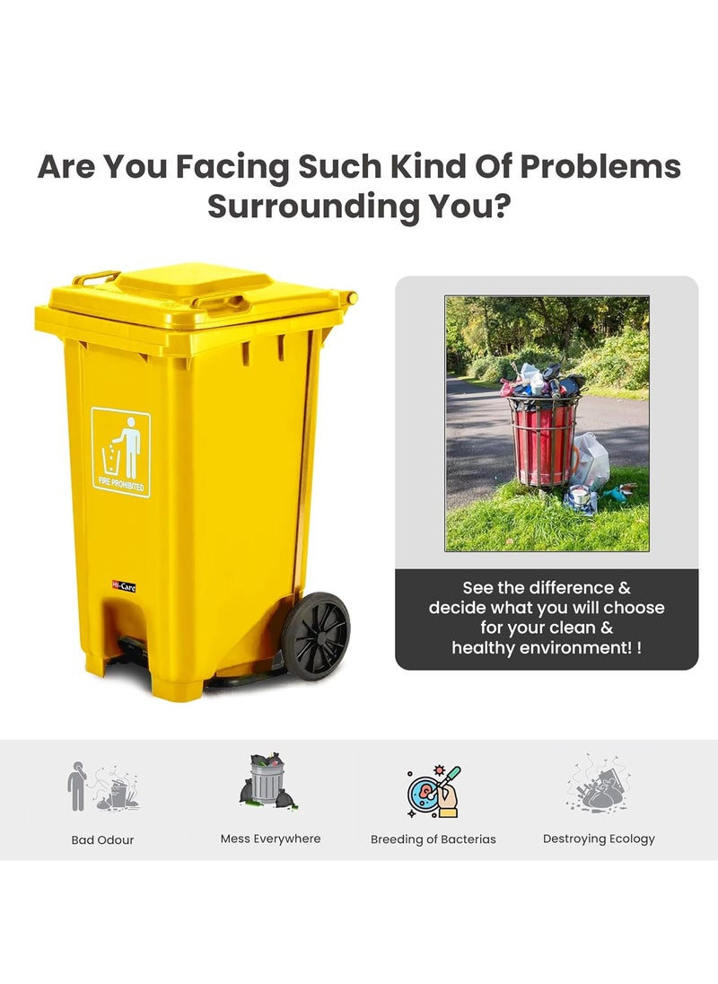 Hi-Care Plastic Garbage Bin 120 Litre with wheel and pedal - Heavy Duty Kitchen Dust Bin Outdoor Recycle Large Industrial Waste bin Trash bin Yellow (Center Pedal)