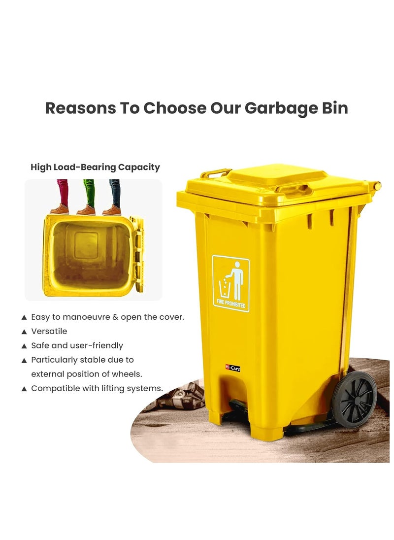 Hi-Care Plastic Garbage Bin 120 Litre with wheel and pedal - Heavy Duty Kitchen Dust Bin Outdoor Recycle Large Industrial Waste bin Trash bin Yellow (Center Pedal)