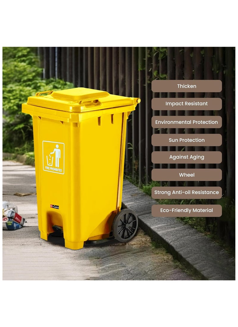 Hi-Care Plastic Garbage Bin 120 Litre with wheel and pedal - Heavy Duty Kitchen Dust Bin Outdoor Recycle Large Industrial Waste bin Trash bin Yellow (Center Pedal)