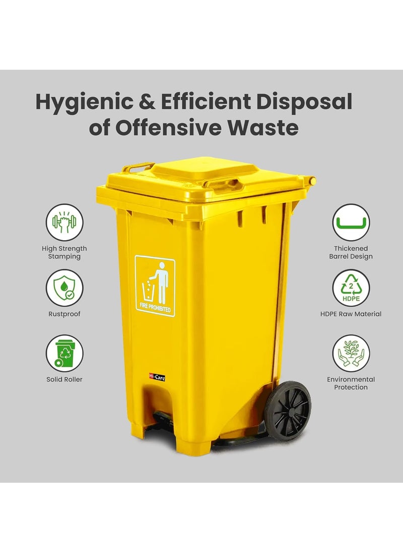 Hi-Care Plastic Garbage Bin 120 Litre with wheel and pedal - Heavy Duty Kitchen Dust Bin Outdoor Recycle Large Industrial Waste bin Trash bin Yellow (Center Pedal)