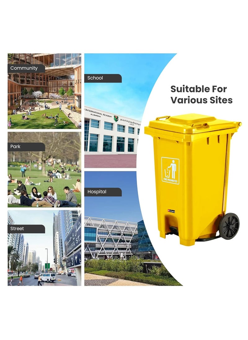 Hi-Care Plastic Garbage Bin 120 Litre with wheel and pedal - Heavy Duty Kitchen Dust Bin Outdoor Recycle Large Industrial Waste bin Trash bin Yellow (Center Pedal)